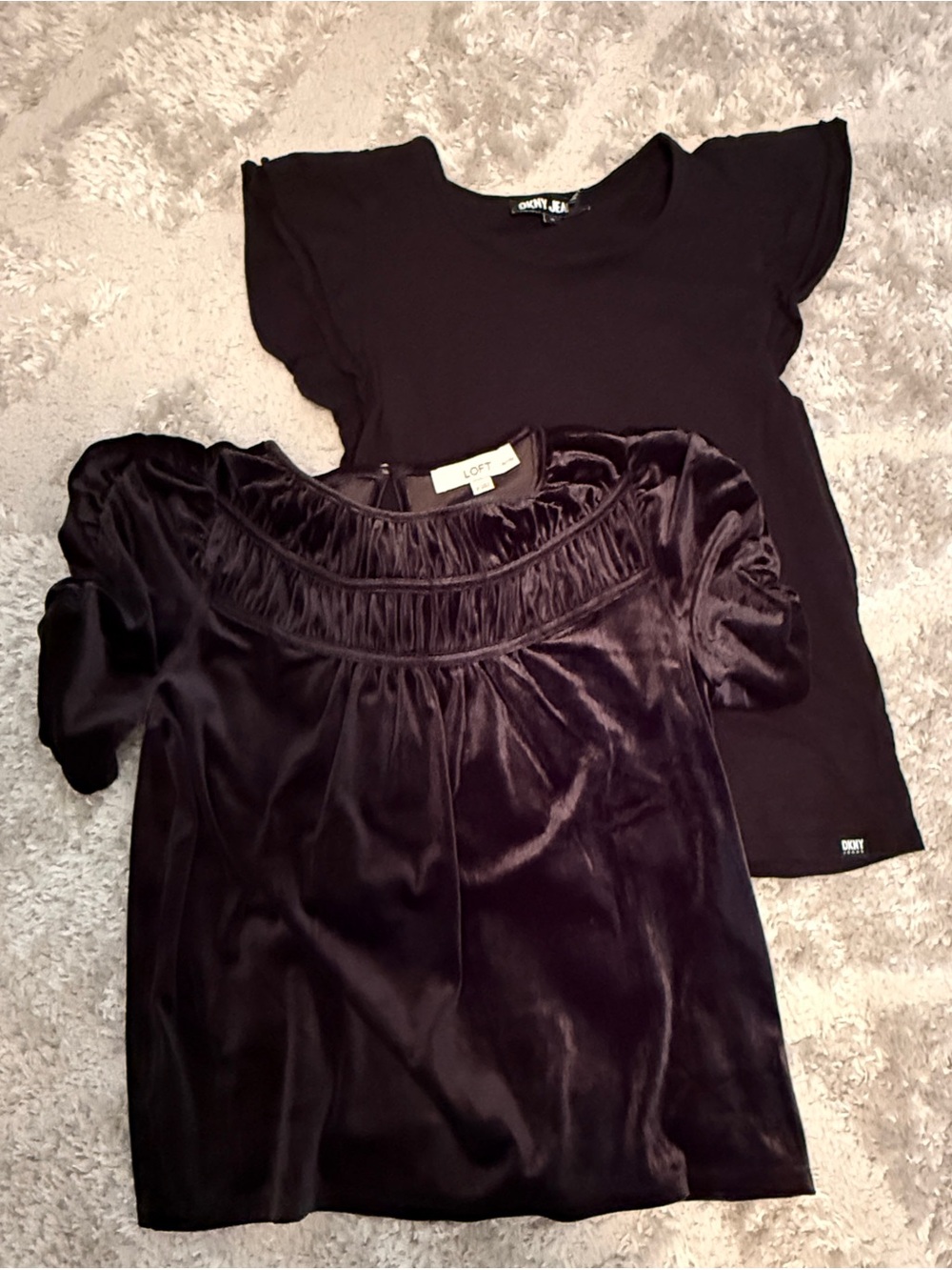 LOFT black velvet top with puffy sleeves and Black DKNY  Crewneck Tee.
